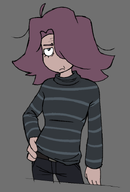 :| artist:japhet belt blue_eye blue_eyes flown grey_background grey_eyes hand_on_hip jeans meta:general_fanart purple_hair shirt single_color_background single_colour_background striped_shirt vera // 485x716 // 102KB