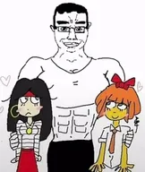 abs bandana black_hair blue_eyes blush blushing bow bwc earring frown glasses heart kiki muscular muscular_male mymy necklace orange_hair shirt skirt smile striped_shirt subvariant:chudjak_front tie unknown_artist variant:chudjak white_void // 416x494 // 57KB