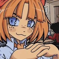 # artist:lazarus_cross black_hair blue_eyes book bow chair computer computer_keyboard computer_monitor freckles hair_bun hair_covering_eye hair_over_eye hair_over_eye_(maya) meta:general_fanart mymy orange_hair pound_sign text tie window // 1080x1080 // 219KB