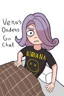 bed blanket blue_eyes english_text meta:general_fanart nirvana nirvana_logo nirvana_shirt pillow purple_hair single_color_background single_colour_background text unknown_artist vera white_background white_void // 2000x3000 // 1.1MB