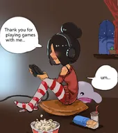 Artist:chewing_devil blobfish blush blushing brown_hair cup english_text food headphones maya night nighttime pillow plant playing_games playing_video_games popcorn speech_bubble text text_bubble undershirt wifebeater window // 2555x2894 // 430KB