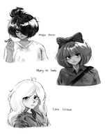 artist:colarikal black_and_white bow coco freckles hair_bun lighter maya meta:general_fanart mymy text white_void // 2200x2800 // 1.7MB