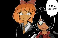 black_background black_hair black_void blue_eyes bow english_text green_eyes hair_bun hair_covering_eye hair_over_eye hair_over_eye_(maya) hoodie maya meme meta:general_fanart microphone microphones mymy open_mouth orange_hair quotation_marks speech_bubble suit tag text text_bubble tie unknown_artist // 3000x2000 // 524KB