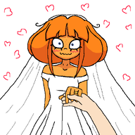 artist:yosack_jaki beautiful blue_eyes blush dress edit freckles happy heart hearts holding_hands looking_at_me marriage mymy orange_hair orange_skin wedding wedding_dress wedding_ring white_skin wife // 590x590 // 12KB