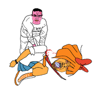 anger_mark angry anti_ongezellig blood bloodshot_eyes bow chud clenched_teeth closed_mouth clothes crying decapitation ear execution hair holding_object holding_sword kneeling mymy necktie ongezellig orange_hair orange_skin pink_skin severed_head skirt soyjak stubble sword tongue transparent_background variant:bernd variant:chudjak vein weapon yellow_teeth // 1729x1604 // 161KB