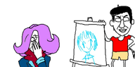beret closed_mouth clothes ear glasses hair holding_object meta:rijkskunst oekaki ongezellig paintbrush painting purple_hair smile soyjak subvariant:chudjak_front variant:chudjak vera_(ongezellig) // 995x493 // 246KB