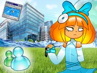 artist:mrcarhyla blue_eyes bow buiding building buildings camera cd city cloud clouds disc dress duck earth english_text freckles frutiger_areo glossy grass meta:general_fanart mymy orange_hair rubber_duck sky text tree trees water wave // 1080x809 // 154KB