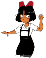 artist:spoink black_hair bow freckles gangnam_style happy japanese_mymy meiko_tachibana meta:general_fanart mymy overalls red_bow white_void // 945x1179 // 24KB