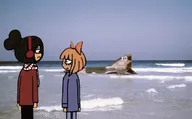 bow brown_eyes earmuffs freckles hair_bun hair_covering_eye hair_over_eye hair_over_eye_(maya) hoodie looking_at_each_other maya meta:general_fanart mymy numbly_hands ocean orange_hair Photo_as_background plane scarf text unknown_artist wave xd-768 // 1199x746 // 80KB