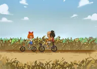 Artist:chewing_devil bicycle bike bikes biking black_hair blonde_hair blue_eyes blush boats bow cloud clouds coco freckles green_eyes maya meta:general_fanart mymy orange_hair skirt sky tree trees window // 4093x2894 // 607KB