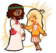 beard blonde_hair brown_hair christianity coco crown happy jesus_christ meta:general_fanart no_background robe shaking_hands skirt smile transparent_background unknown_artist // 1490x1413 // 256KB