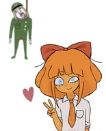 :3 ack ack1 artist:jawsdropd blonde_hair blue_eyes bow freckles glasses hanging heart helm helmet mymy noose orange_hair peace_sign peace_sign_(hand) raised_eyebrow star_of_david tie variant:bernd white_void Yana // 1648x2048 // 165KB