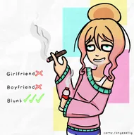 artist:carhy blonde_hair blue_eyes check_mark check_marks cross english_text hair_bun partially_dyed_hair smoke smoking text yfke // 1646x1661 // 206KB