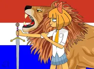 blue_eyes bow drawing dutch_flag holding_object holding_sword holding_weapon lion looking_forward meta:rijkskunst mymy niggerwiggle orange_hair skirt smiling stroopwafel sword tie traced weapon // 2048x1515 // 276KB