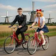 ai ai_generated bicycle bow chud chud_x_mymy looking_at_viewer mymy orange_hair smiling ss_uniform wheat_field windmill // 1080x1080 // 587KB