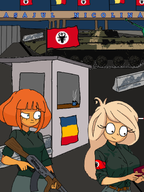 ak-47 armband barricade belt big_breasts blonde_hair blue_eyes BMP-2 border brown_eyes bull coco coffee_mug confusion crescent cup eyelashes flag freckles gun latin_script mug mymy orange_hair pants passport raised_eyebrows romanian_flag romanian_text steam swastika tank text tollbooth unknown_artist unknown_artist-47 // 1080x1440 // 608KB
