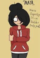 :W hand_on_arm looking_down maya meta:general_fanart shy text unknown_artist yellow_background // 736x1063 // 56KB