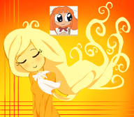 artist:autismdenial blonde_hair bow chair coco eyes_closed flowing_hair freckles meta:general_fanart orange_hair table variant:soymy // 865x758 // 331KB