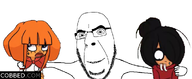 arm blacked bowtie clothes female glasses hand holding_object maya mymy ongezellig orange_hair orange_skin queen_of_spades smile soyjak stubble tattoo text variant:cobson // 1003x413 // 1.6MB