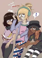 artist:guayaba_ghoul black_hair blonde_hair book brown_hair cleo exclamation_mark frisian_thigh_highs headphones joint meta:general_fanart necklace shirt slapping_thigh text_bubble thigh_highs yfke zoey // 1389x1909 // 268KB