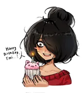 :3 black_hair blank_background blush candle cat_ears cupcake english_text fire green_eyes hair_bun hair_covering_eye hair_over_eye hair_over_eye_(maya) maya meta:general_fanart open_mouth single_color_background single_colour_background text unknown_artist white_background white_void // 1848x2048 // 270KB