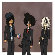 anke artist:loberts_rucas2 black_hair epke glass hat lollipop lolly maya meta:general_fanart milktag_(minor) mobile_phone phone sucker suit tie uniform white_hair // 1280x1280 // 132KB
