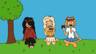 black_hair blonde_hair boot boots bow closed_mouth coco crowm flower flower_crown flowers grass hair_covering_eye hair_over_eye hair_over_eye_(maya) hat hoodie kneeling maya meta:general_fanart mymy no_cloud no_clouds no_freckles numbly_hands open_mouth orange_hair shoe shoes sitting sky smile stroopwafel tie tree unknown_artist // 1280x720 // 248KB