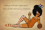 ahegao alternate_outfit artist:studio_massa blush coconut dutch_flag dutch_text hair Indonesia looking_at_viewer map maya official_art peace_sign pin saliva voc // 2435x1620 // 1.4MB