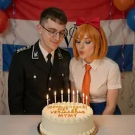 ai ai_generated bald birthday birthday_cake bow chud chud_x_mymy mymy orange_hair smiling ss_uniform // 1024x1024 // 194KB