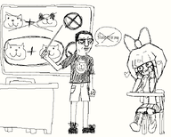:3 artist:entiral black_and_white board boot bow cat cross desk falling_in_love glasses grim_(artstyle) heart meta:rijkskunst mymy niggerwiggle pointer racemixing shirt shorts skirt teaching text_english tie tnd variant:chudjak // 707x566 // 65KB