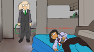 artist:nbveh black_hair blonde_hair brown_eyes coco couch english_text green_eyes hangover hose kiddie_pool maya meta:general_fanart pants parody pool sink suit suits text tie ties // 1740x974 // 242KB