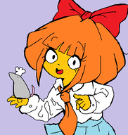 bonh_hmhm_(artist) bow chef freckles holding_animal meta:general_fanart mouse mymy orange_hair pointing rat single_color_background single_colour_background skirt tie // 542x572 // 12KB