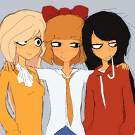 black_hair blonde_hair blue_eyes bow brown_eyes chewing_on_clothes coco eyelashes fidgeting grey_background hair_down hoodie looking_away maya messy_hair meta:general_fanart mymy no_freckles noming_on_hoodie_strings oral_fixation orange_hair shirt single_color_background single_colour_background skirt smile smirk tie undershirt unknown_artist wrong_eye_color wrong_eye_color_(maya) // 2048x2048 // 1.3MB