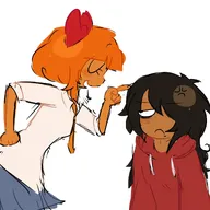 artist:glitteryhooves black_hair bow freckles hoodie maya meta:general_fanart mymy orange_hair skirt tie white_void // 1280x1280 // 100KB