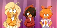 :( :) :o artist:koi chewing_strings coco frown hands_on_hips hoodie looking_at_viewer looking_away maya meta:general_fanart mymy niggerwiggle open_mouth sad smiling // 1257x622 // 132KB