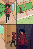 :( bag comic fisheye_(drawfag) holding_object locker lockers looking_away looking_down maya meta:rijkskunst onomatopoeia walking window // 1387x2012 // 363KB