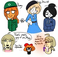 artist:mrcarhyla blonde_hair blue_eyes bow coco dress english_text ggtag hoodie maya meta:general_fanart mymy orange_hair star_of_david text Yana yuricoal // 1934x1895 // 337KB