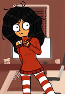 :3 artist:cheitheegg black_hair blush chair cobweb computer computer_keyboard computer_monitor computer_mouse crumbs cup desk green_eyes kruidnoten maya meta:general_fanart mug phone sleeveless_undershirt spider tanktop undershirt wifebeater window // 820x1180 // 564KB