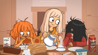 artist:studio_massa breakfast coco drooling eating food Illustraties_(official) kitchen maya mymy official_art petjeaf stroopwafel text tired // 3840x2160 // 4.1MB