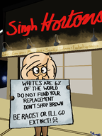 artist:lee blonde_hair brown_eyes coco english_text exclamation_mark forwn frown holding_sign lights meta:rijkskunst sad text tim_hortons white_extinction window // 1495x2000 // 1.6MB