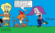 angry bow coco english_text exclamation_mark exclamation_marks fire fork knife maya meta:general_fanart mymy ongezellig skirt spit_roasting text vera // 1110x666 // 78KB