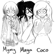 :) :W artist:lidlyarts black_and_white book coco dutch_text holding_object looking_at_viewer looking_away maya meta:general_fanart mymy no_color smiling text trio white_background white_void // 2048x2048 // 1.5MB