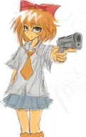 artist:chocopilled blue_eyes bow gun meta:general_fanart mymy orange_hair pistol point_gun skirt tie white_void // 1286x2048 // 247KB
