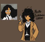 black_hair bow brown_eyes coat dutch_text english_text freckles gun hand_gun japanese_text meiko_tachibana meta:general_fanart mymy overall pistol Plastic_Love_(song) single_color_background single_colour_background text unknown_artist // 878x824 // 128KB