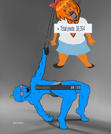 2soyjaks anti_ongezellig bloodshot_eyes blue_skin bow full_body gigachad glasses hanging mymy ongezellig orange_hair orange_skin orange_tie rope soyjak_blog stubble tongue variant:bernd variant:soyak // 844x1022 // 362KB