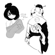black_and_white hair_bun hand_fan handheld_fan holding_object japanese korean_text maya meta:general_fanart unknown_artist white_void // 3000x3000 // 1.6MB