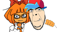 2soyjaks blue_eyes blue_hair bow boyfriend_(friday_night_funkin') friday_night_funkin' friendship glasses hugging mymy no_more_brother_wars ongezellig orange_hair orange_skin smile stubble variant:cobson variant:feraljak // 1920x1080 // 515KB