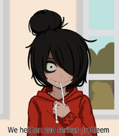 black_hair brown_hair bush bushes chewing chewing_on_clothes chewing_strings dutch_text fidgeting green_eyes hair_bun hair_covering_eye hair_over_eye hair_over_eye_(maya) hoodie looking_at_viewer maya meta:rijkskunst noming_on_hoodie_strings oral_fixation shirt sky text we_hebben_een_serieus_probleem window windows // 1406x1600 // 514KB