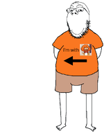 arm arrow barefoot cargo_shorts clothes eyebrows full_body glasses mymy ongezellig orange stubble text tshirt variant:gapejak // 766x982 // 35KB