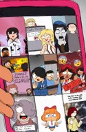 artist:ghanshan black_hair blue_eyes bow brown_hair cleo coal gun hat maya meme meta:general_fanart mymy occoal orange_hair phone purple_hair red_hair text tie vera // 750x1150 // 760KB